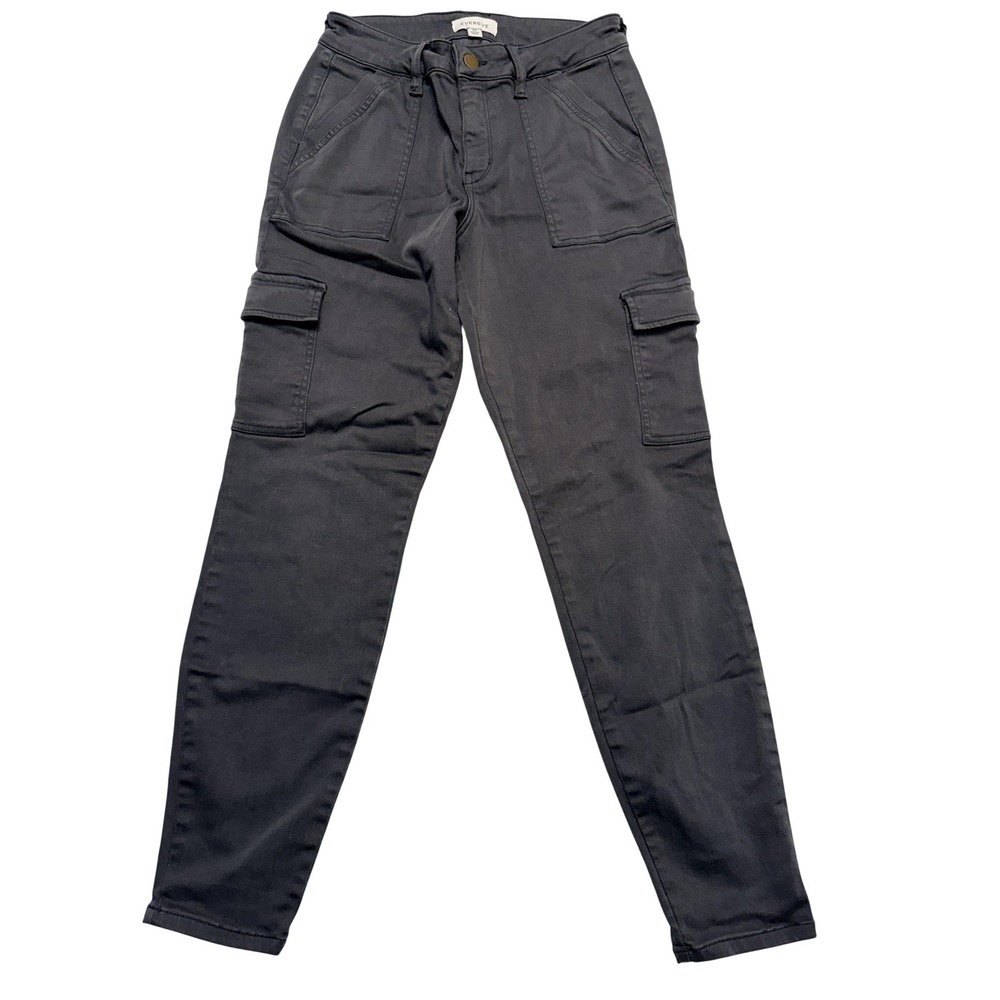 Evereve Pants Womens 26 Gray Cargo Twill Belted‎ Tapered Leg Pockets Stretch